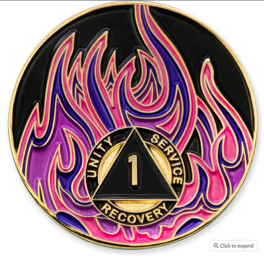AA Anniversary (Mint Twisted Flames Gold Plated AA Recovery Medallion/Chip/Coin - Black/Pink/Purple/Blue)